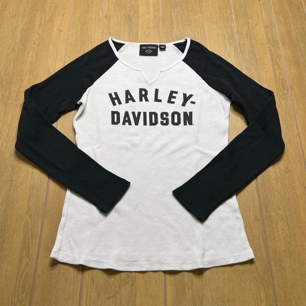 Y2K Harley-Davidson Notch Neck Black &‎ White Thermal Shirt Sz Medium boho biker